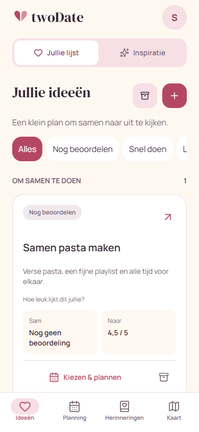 Jullie ideeënlijst met Samen pasta maken en ruimte voor beide beoordelingen
