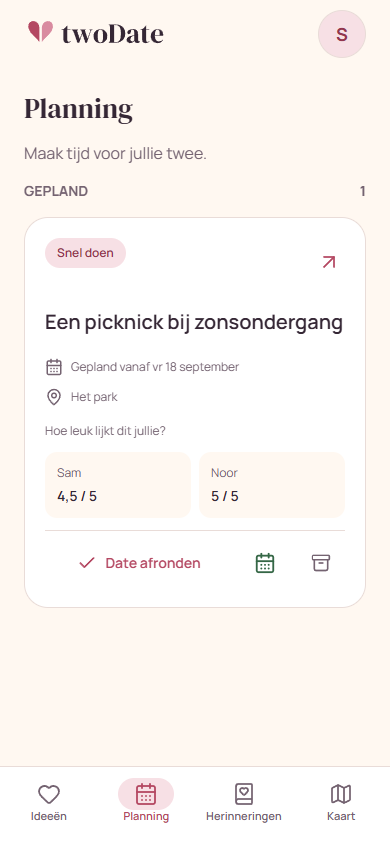 De planning in twoDate met een ingeplande date